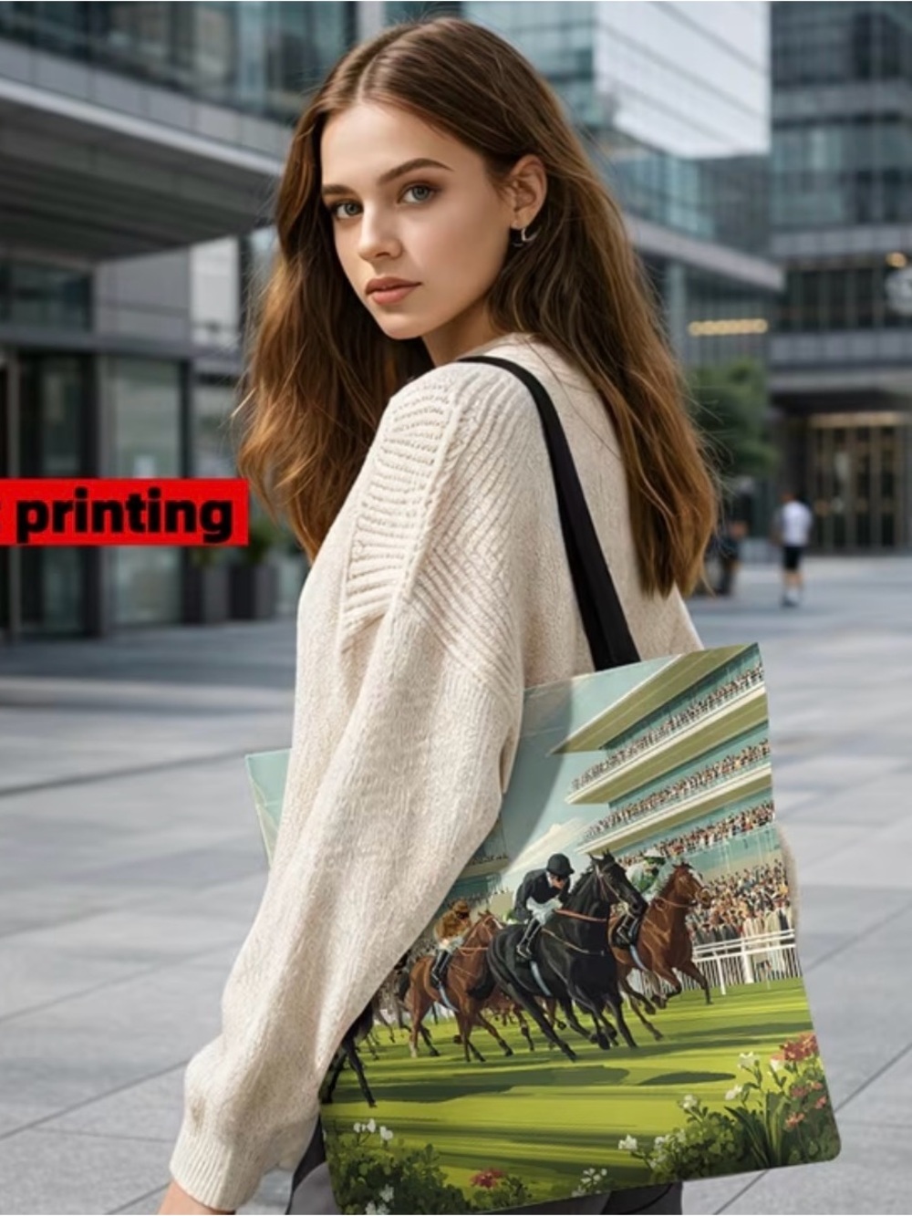 Printed Horse Racing Canvas Tote Bag